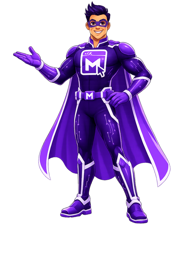 Mighty Digital Studio superhero mascot standing in a welcoming pose.