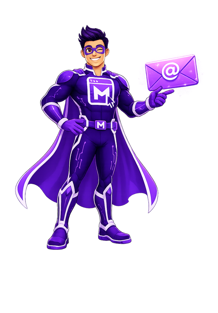 Mighty Digital Studio superhero mascot pointing to a glowing email icon for contact.