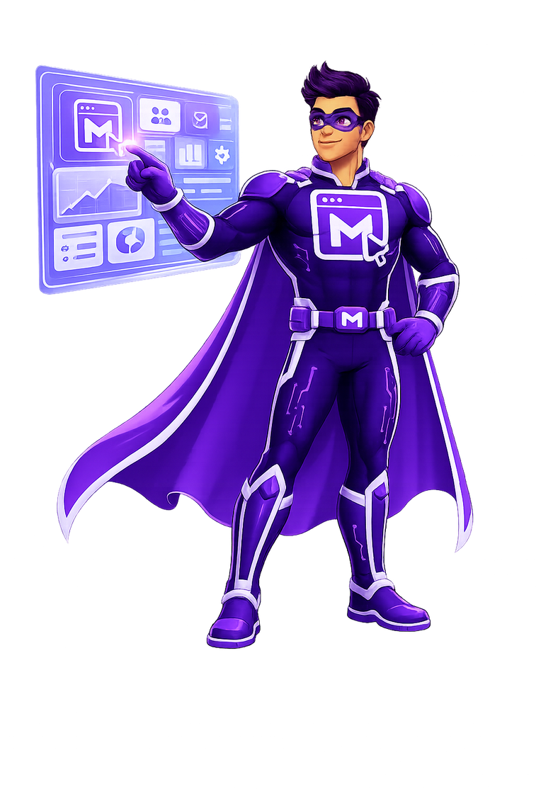 Mighty Digital Studio superhero mascot pointing to a glowing custom app interface.