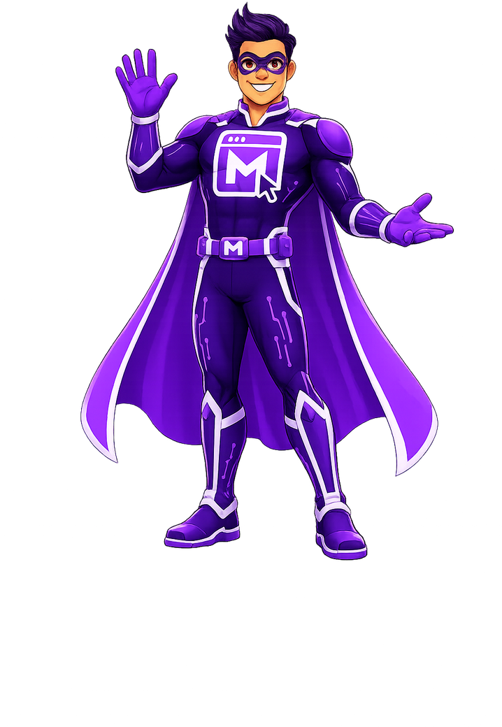 Mighty Digital Studio superhero mascot waving hello and welcoming visitors