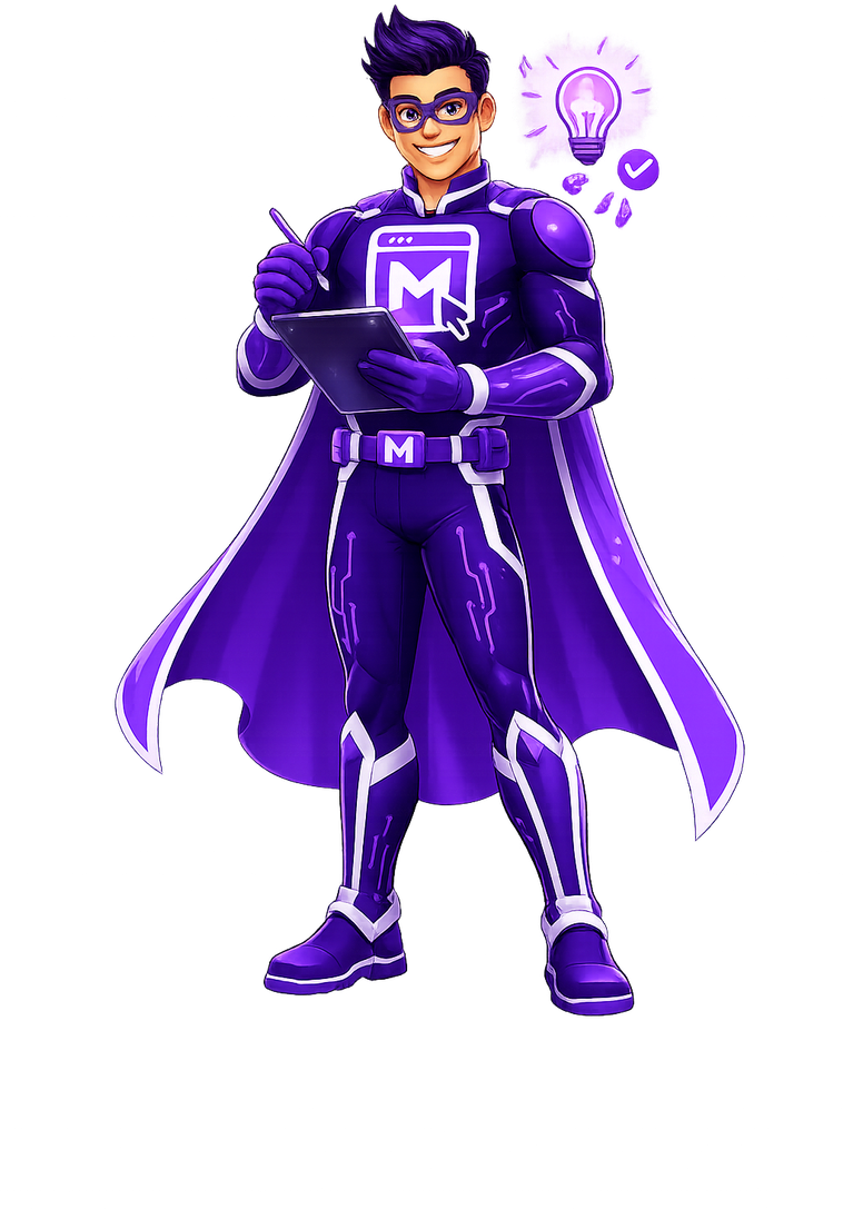 Mighty Digital Studio superhero mascot with a notepad and tablet for news and updates.