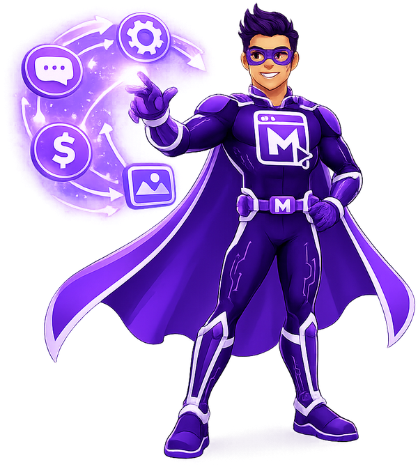 Mighty Digital Studio superhero mascot managing connected SaaS tools and automation icons.