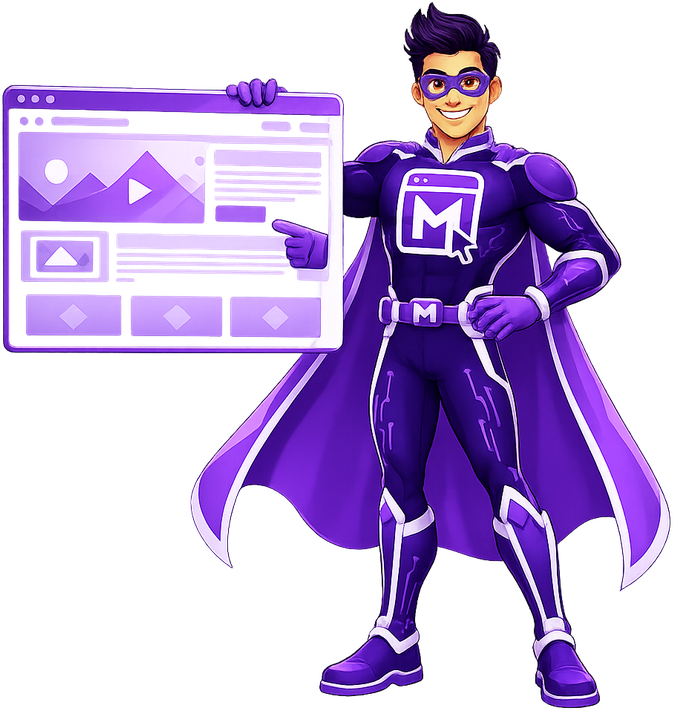 Mighty Digital Studio superhero mascot presenting a WordPress website service.