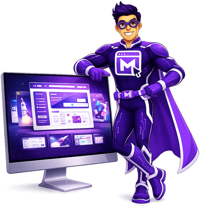 Mighty Digital Studio superhero mascot holding a tablet to review completed project work.