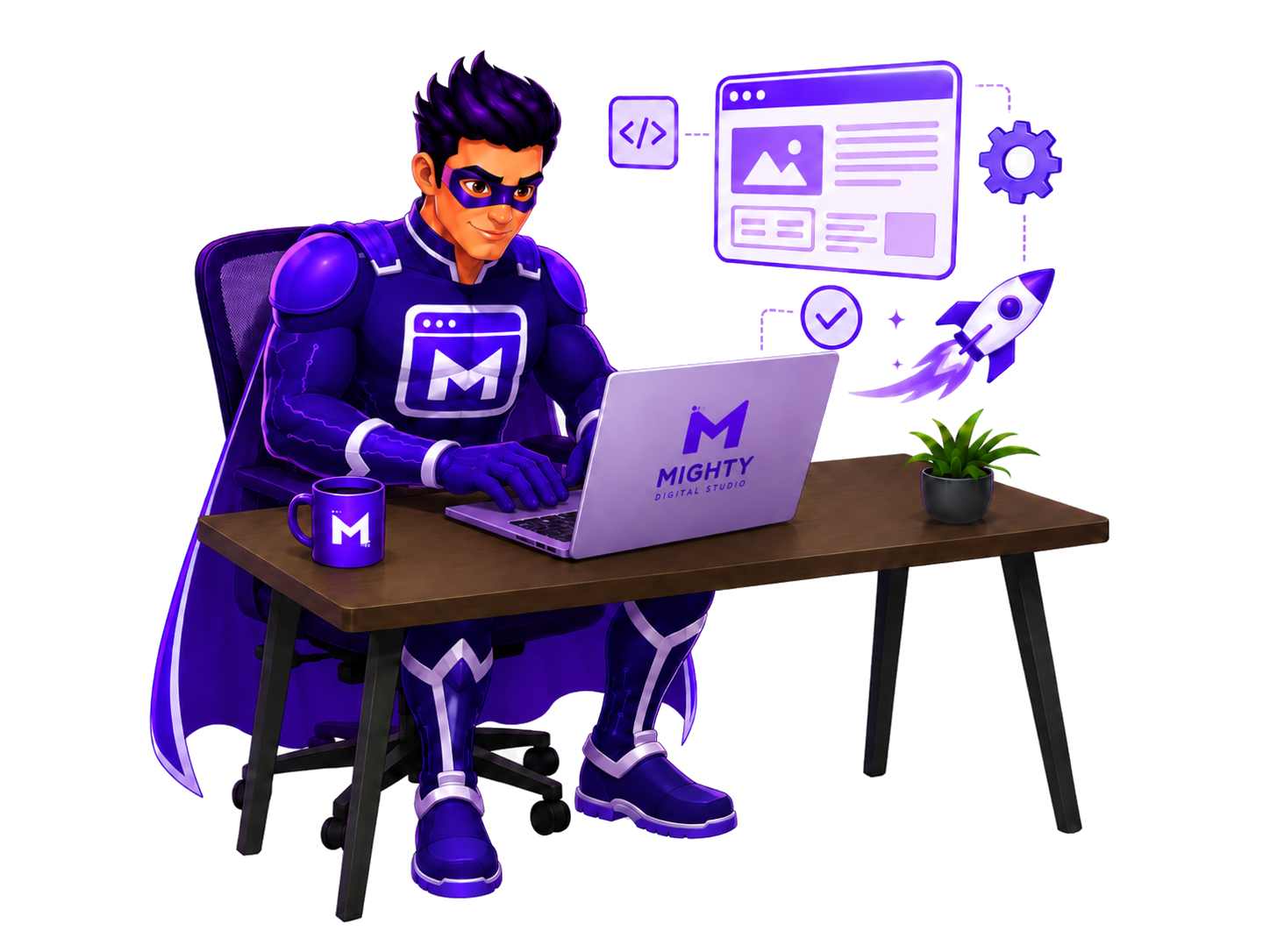 Mighty Digital Studio superhero seated at the same desk typing on a laptop while building a website or app